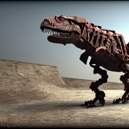 Image similar to a t-rex with rusty metal gears place on its articulations, the gears match the articulation, octane render, 3D