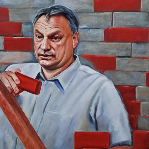 Image similar to viktor orban laying bricks, oil painting