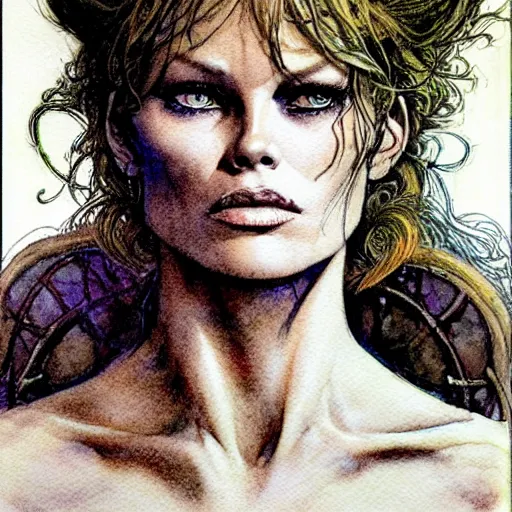 Image similar to a realistic and atmospheric watercolour fantasy character concept art portrait of brigitte bardot as a druidic warrior wizard looking at the camera with an intelligent gaze by rebecca guay, michael kaluta, charles vess and jean moebius giraud