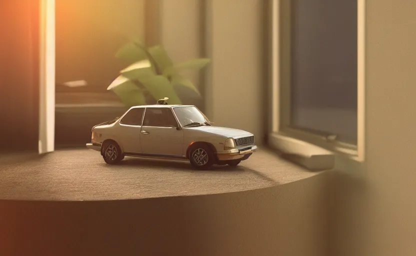 Image similar to a miniature of a Peugeot 309 Vital on a bookshelf near a window at sunset, DOF, octane render, unreal engine 5, godrays, complementary colors, calm, symmetrical, highly detailed, high quality, 4k, beautiful, hyperrealistic