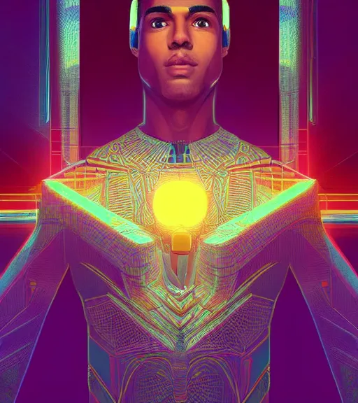 Image similar to symmetry!! egyptian prince of technology, solid cube of light, hard edges, product render retro - futuristic poster scifi, lasers and neon circuits, brown skin man egyptian prince, intricate, elegant, highly detailed, digital painting, artstation, concept art, smooth, sharp focus, illustration, dreamlike, art by artgerm