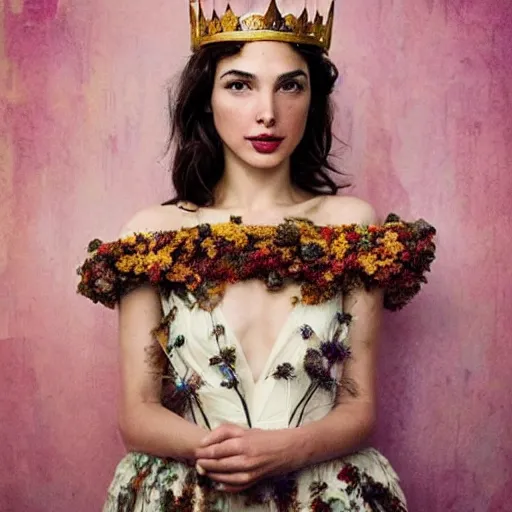 Image similar to fine art photo of the beauty gal gadot, she has a crown and a dress made of dried flowers done by oleg oprisco