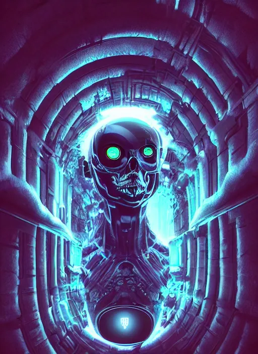 Image similar to a futuristic skull with glowing eyes and a wormhole tunnel, cyberpunk art by android jones, behance contest winner, computer art, darksynth, synthwave, rendered in cinema 4 d