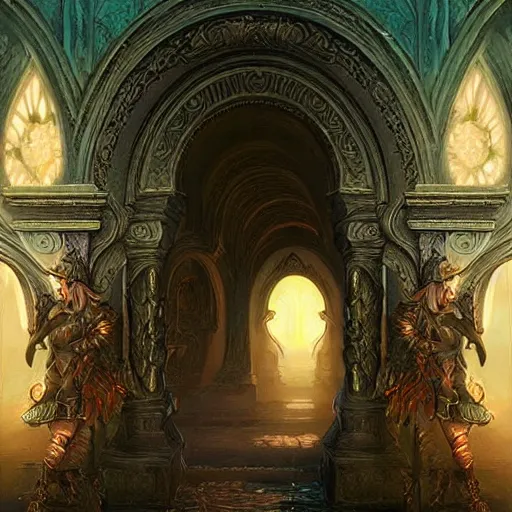 Prompt: large intricately decorated arch, view to a fantasy world, ethereal back light, mist, coherent composition, fantasy painting by artgerm, greg rutowski, noriyoshi ohrai, yuumei