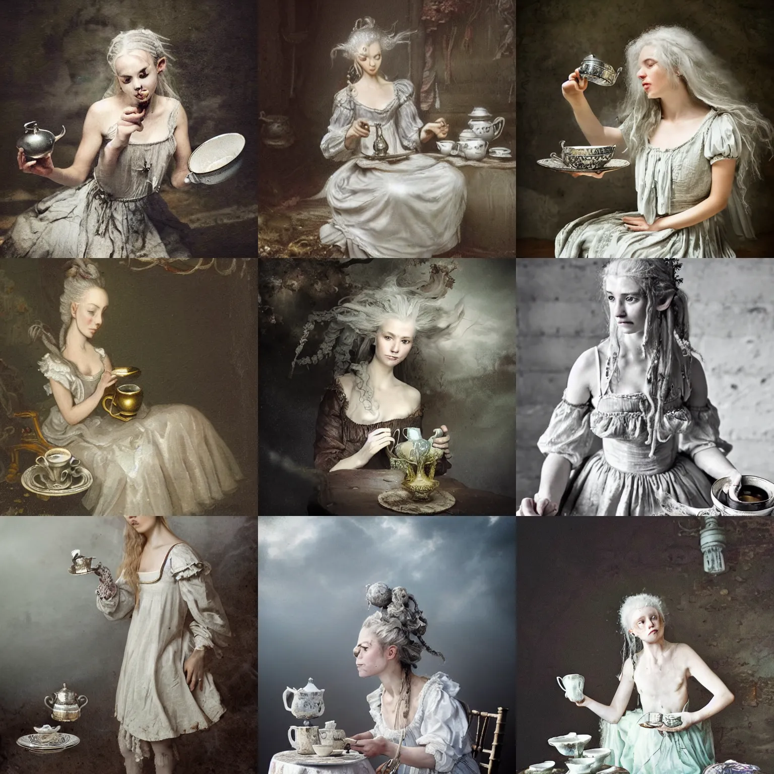 Prompt: A 18th century, messy, silver haired, (((mad))) elf princess, dressed in a ((ragged)), wedding dress, is ((drinking a cup of tea)), in her right side is a porcelain tea set. Everything is underwater and floating. Mystical, dreamlike, atmospheric, scarry, horroristic shadows, greenish blue tones, theatrical, (((underwater lights))), high contrasts. fantasy concept art by Henry Meynell Rheam, Monet, and John Everett Millais