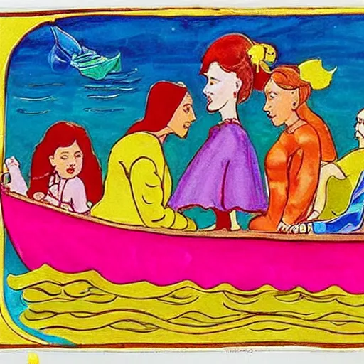 Prompt: neat illuminated manuscript by peter max. the mixed mediart of a group of well - dressed women & children enjoying a leisurely boat ride on a calm day. the women are chatting & laughing while the children play with a toy boat in the foreground.