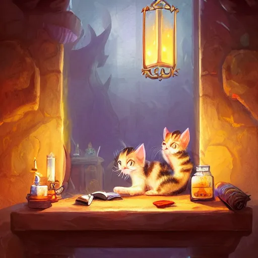 Image similar to beautiful fantasy illustration of an adorable kitten sleeping on the counter of a potion shop. candles, books. by andreas rocha and marc simonetti, trending on artstation 8k hq