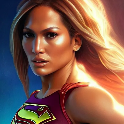 Image similar to full figure ultra realistic illustration, jennifer lopez as supergirl, intricate, elegant, highly detailed, digital painting, artstation, concept art, smooth, sharp focus, illustration, art by artgerm and greg rutkowski and alphonse mucha