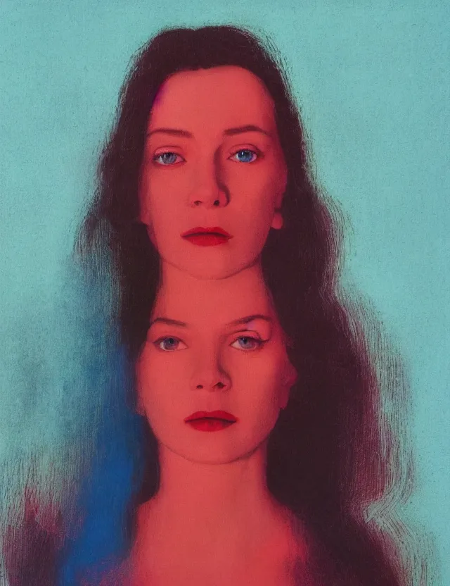 Image similar to face of woman in a tv screen, blue rays from tv, redshift, wide shot, coloured polaroid photograph, pastel, kodak film, hyper real, stunning moody cinematography, by maripol, fallen angels by wong kar - wai, style of suspiria and neon demon, david hockney, detailed, oil on canvas