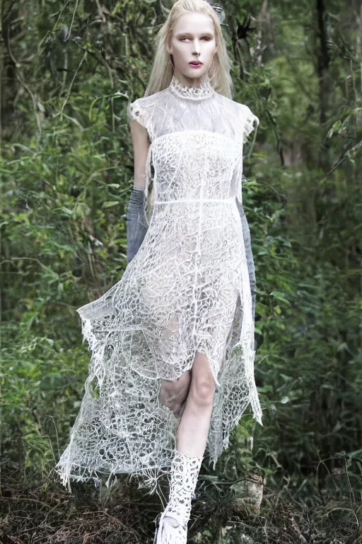 Prompt: antediluvian crystal atlantean hyperborean avant garde fashion lace dress with natural pattern motifs, young white - blonde model, sharp focus, outdoors, godray lighting