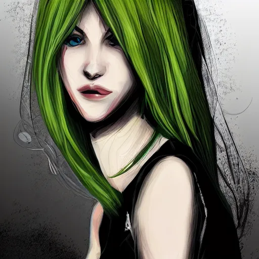 Image similar to long shot of blonde girl in black top clothing with green eyes, digital art, trending on artstation