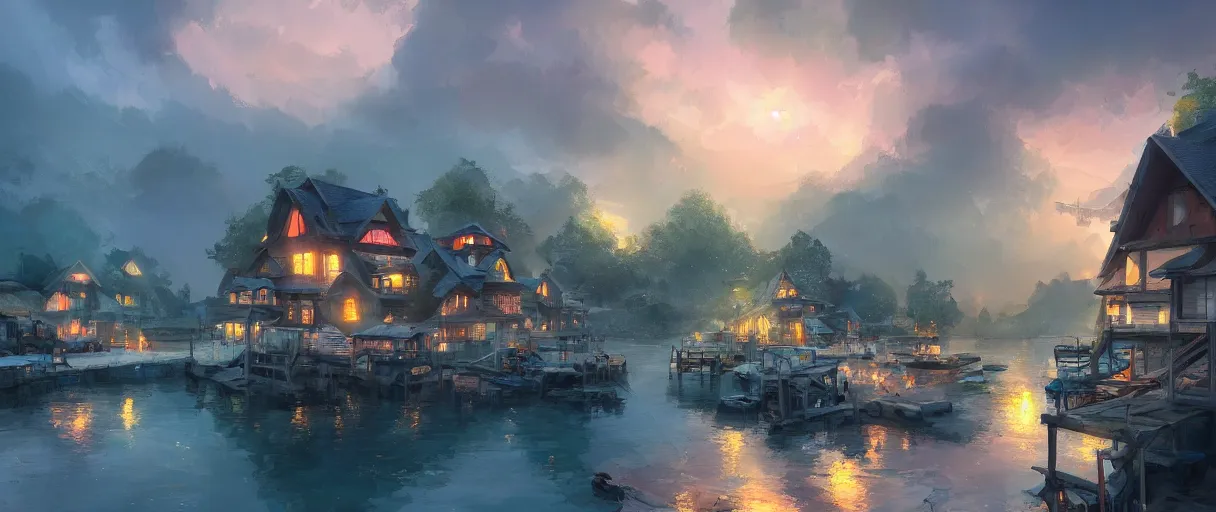 Image similar to fishing village crowded with houses around a lake, concept art, digital painting, style of jordan grimmer, warm lighting, futuristic, volumetric lighting, view from below, vivid colours, bright, daytime, godrays, high detail