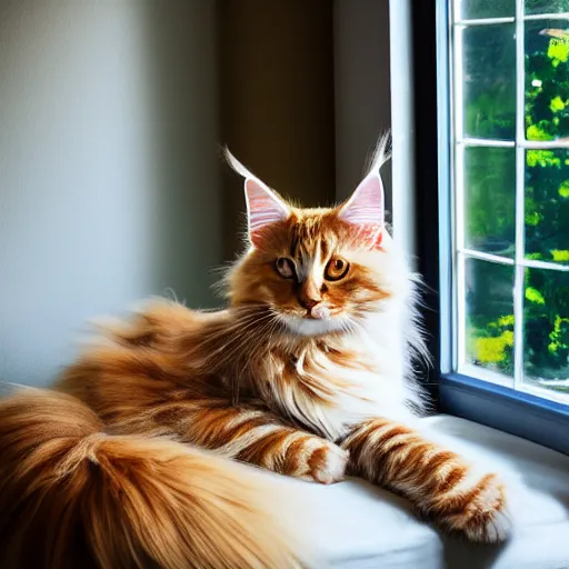 Image similar to portrait cream color maine coon cat curled up, bay window sofa, 8K, 4K, by Antoine Blanchard, oversaturated lens flair, bokeh, sunbeam