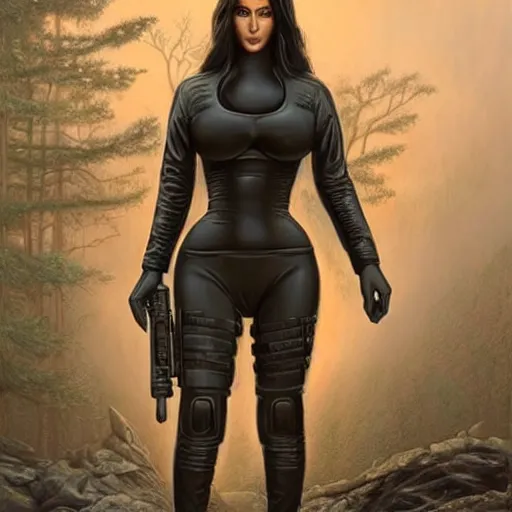 Image similar to kim kardashian as a cop, police uniform, full body view, full pov, haunted forest with ufo sitting in the distant fog, pretty, aesthetic, dust molecules, matte detailed photo, DeviantArt, Artstation, by donato giancola, ralph horley, loish, cinematic lighting