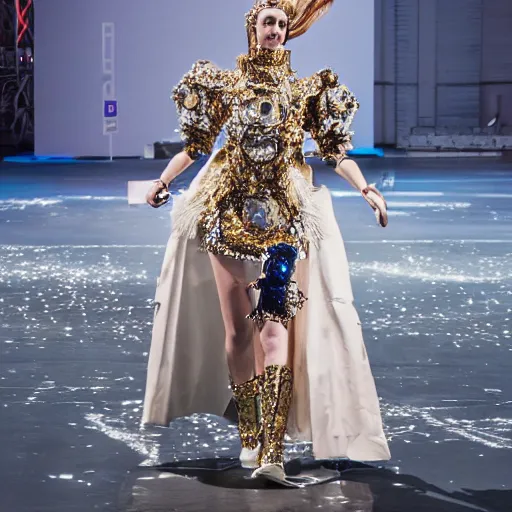 Image similar to hybrid model astronaut walking down a catwalk, elaborate dress by alexander mcqueen, stage lighting, sigma 8 5 mm f 1 6, art by studio clamp, real