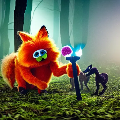 Image similar to a large fox furby muppet holding a lit torch and herding a bunch of random muppet animals following behind through a dark felt forest at night, sesame street, photograph, photography, ultrarealistic, national geographic