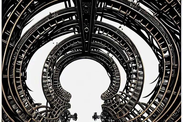 Image similar to a double helix dna cyberpunk steampunk carved archway, high details, lineart, by vincent di fate and joe fenton, inking, screen print, masterpiece, trending on artstation, sharp, high contrast, hyper - detailed, ultrawide, hd, 4 k, 8 k