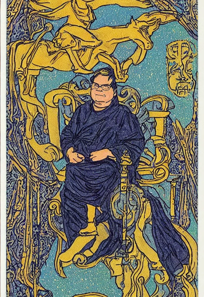 Image similar to Yann LeCun sitting on the throne on a tarot card, illustrated on the Rider–Waite tarot.