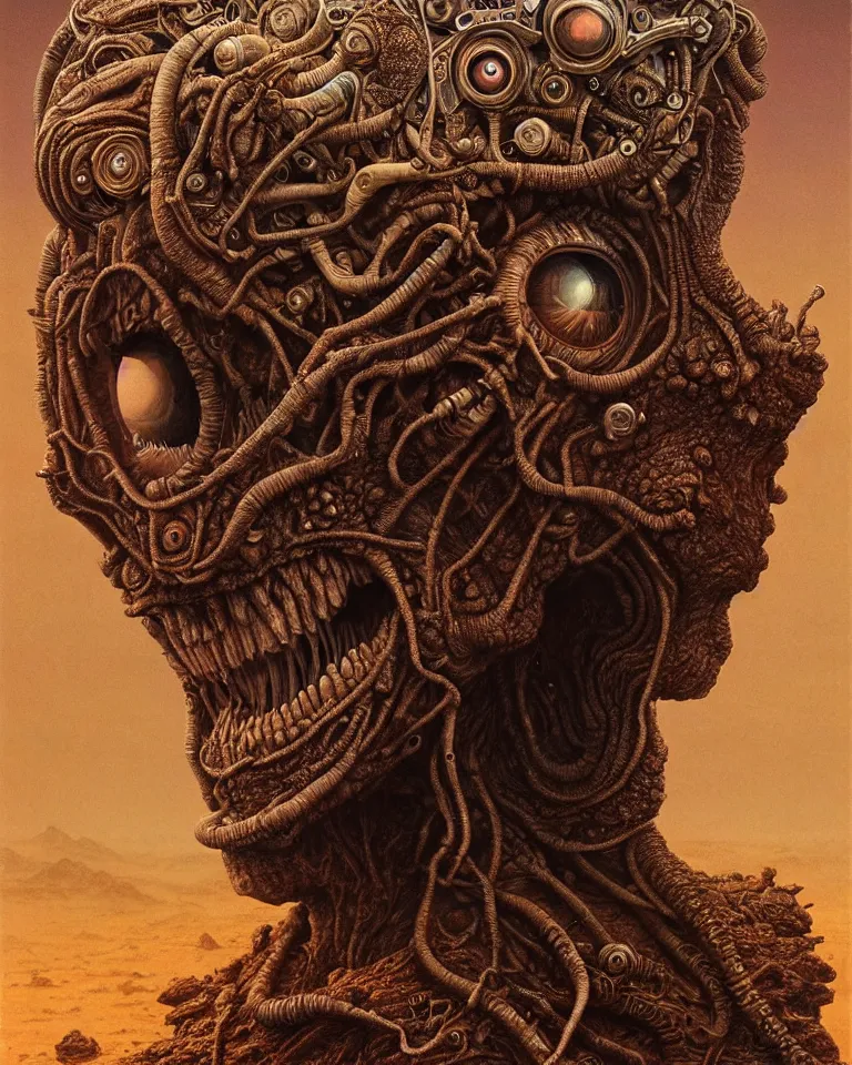 Image similar to ultra realist intricate detailed portrait of a single rugged attractive female on an alien landscape, insanity, accurate features, apocalyptic, very intricate details, 8 k resolution, dim lighting, volumetric lighting, artstyle zdzisław beksinski and keith thompson, award winning