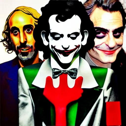 Image similar to richard hamilton and mimmo rottela and banksy as joaquin phoenix skinny joker holding hand lady gaga harley queen, ultra photorealistic, intricate details, pop art style, baroque, concept art, ultrarealistic, 3 colors, 4 k, 4 d, smooth, sharp focus