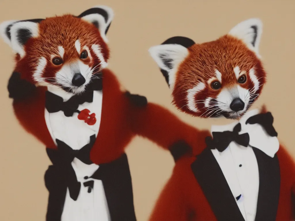 Image similar to Portrait of a Red Panda Wearing a Fancy Business Tuxedo, Expired Burned Polaroid from 1930s, Softbox Lighting, 85mm Lens F/1.8