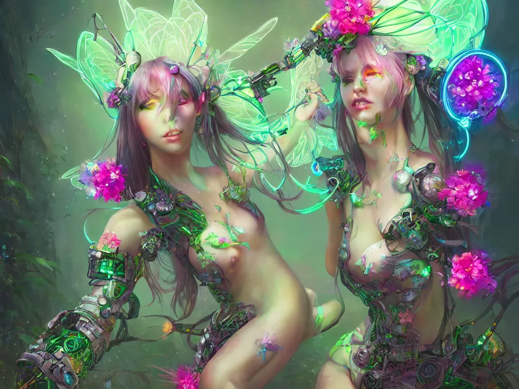 Prompt: one beautiful cyber fairy in a cyberpunk garden, body covers with neon flowers, elegant pose, realistic digital painting, artgerm, sakimichan, huang guangjian
