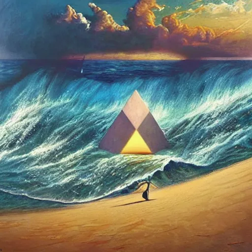 Prompt: hyper realistic detailed painting of tutankhamun surfing a big wave in the ocean next to a sunny beach with a pyramid with the all seeing eye by Andrei Tarkovsky, Adrian ghenie, Storm, Thorgerson, pastel colors, cinematic. Bekinski painting, masterpiece