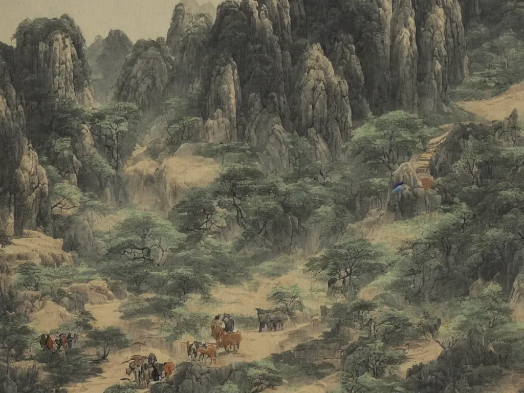 Image similar to landscape painting by shenzhou 沈 周, mountains, karst, waterfalls, peasants working, farm animals, ox, long stairs through the hills, ponds