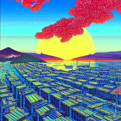 Prompt: colorful illustration of japan sunset, by hajime sorayama and hasui kawase and junji ito