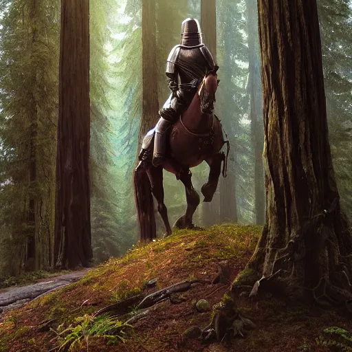 Prompt: mounted knight in a redwood forest, sunlit, octane render, matte, greg rutkowski, highly detailed, hdr