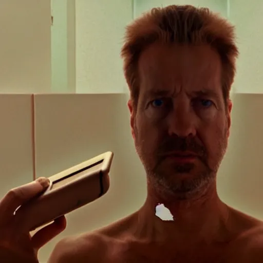 Image similar to hyperrealism aesthetic ridley scott and denis villeneuve style photography of a detailed giant, siting on a detailed ultra huge toilet and scrolling his smartphone in hyperrealism scene from detailed art house movie in style of alejandro jodorowsky and wes anderson