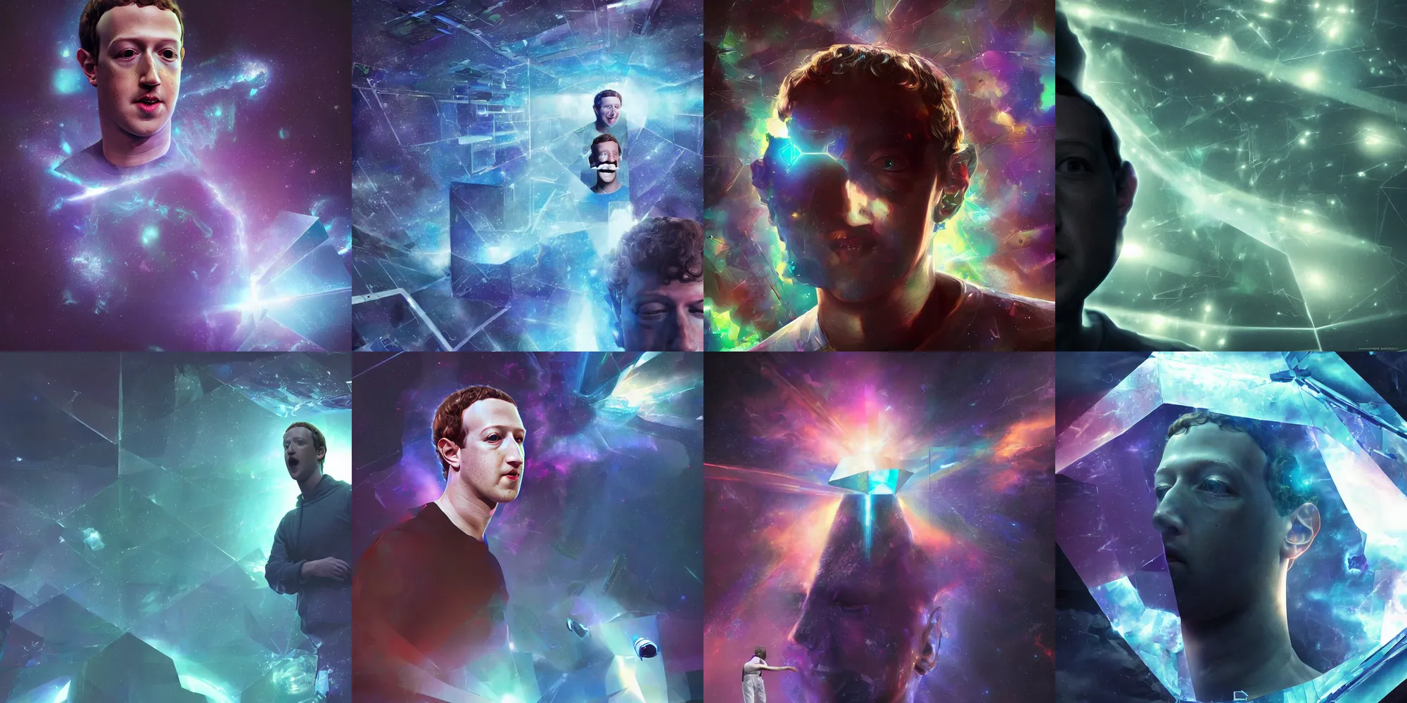 Prompt: mark zuckerberg trapped in a space prism, his soul is broken into fragments by the prism, he screams, hyperreal, artstation