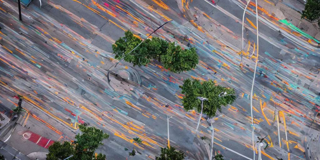 Prompt: Vibrant Color Photograph of an empty city street. Full color Award winning photography. Canon EOS R3. shot from a high angle.