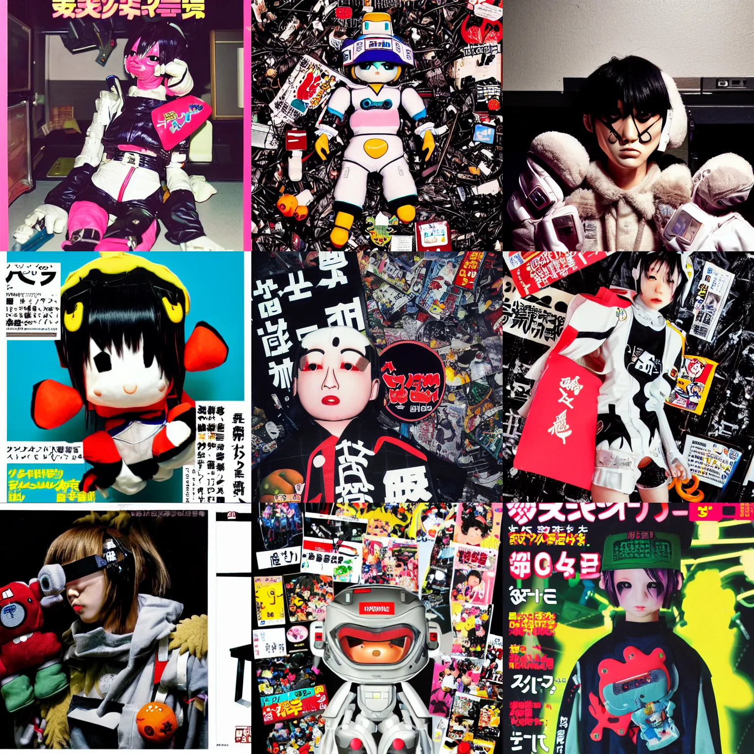 Prompt: photo of a cyborg Hyoma mascot plush character from 20471120 in the style of 1990's FRUiTS magazine in japan in a dirty dark dark dark poorly lit bedroom full of trash and garbage server racks and cables everywhere in the style of Juergen Teller in the style of Shoichi Aoki, japanese street fashion, CUTiE magazine 1990's