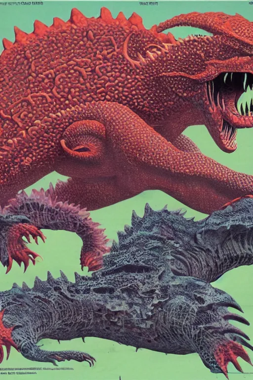Prompt: biology textbook page, kaiju, 1980s