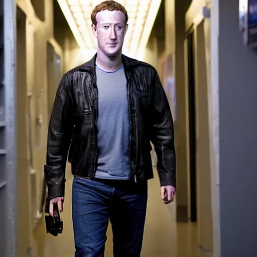 Image similar to Mark Zuckerberg plays Terminator, wearing leather jacket, red eye, VFX film