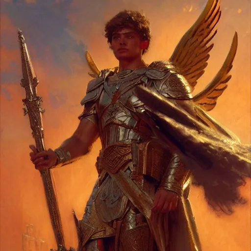 Image similar to saint michael the angel, guarding the planet from evil. highly detailed painting by gaston bussiere, craig mullins, greg rutkowski 8 k