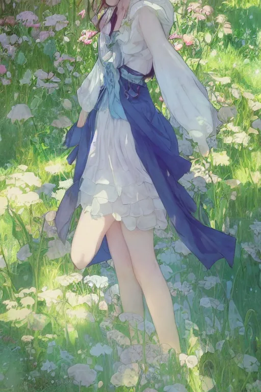 Image similar to a depressed digital art, loli in dress, garden, green and warm theme, blue accents, back lighting, highly detailed, 4 k resolution, trending on art station, by krenz cushart and mucha and akihito yoshida and greg rutkowski