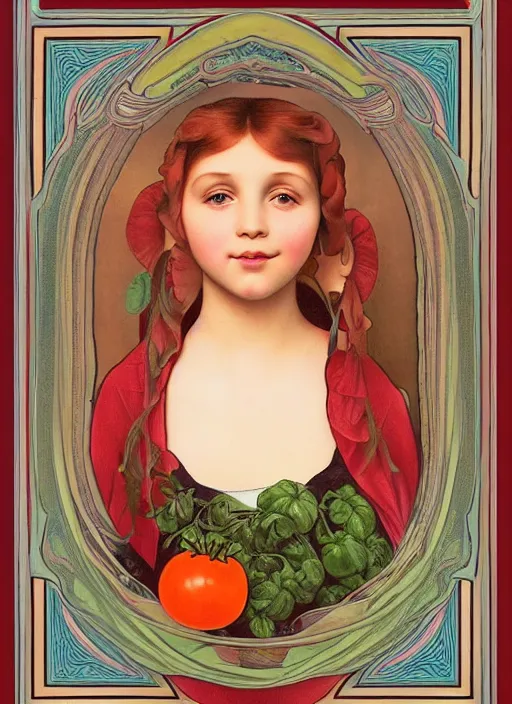 Image similar to Girl with a tomato, in the style of Raphael and Mark Ryden and Alphonse Mucha,