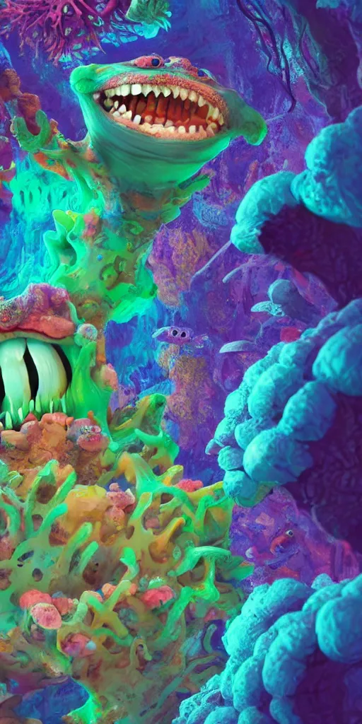 Image similar to of a colorful under water cave with strange cute friendly happy creatures with huge eyes, mouth, long tongue and round teeth appearing from sandy coral, in the style of gehry and gaudi, macro lens, shallow depth of field, ultra detailed, digital painting, trending artstation, concept art, illustration, cinematic lighting, photorealism, epic, octane render