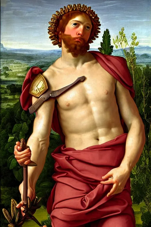 Image similar to renaissance painting of spartan, portrait, face closeup, emotions closeup, dressed in spartan armour, the beautiful garden with liliac bush everywhere, ultra detailed, art by guido reni style, vincenzo catena style