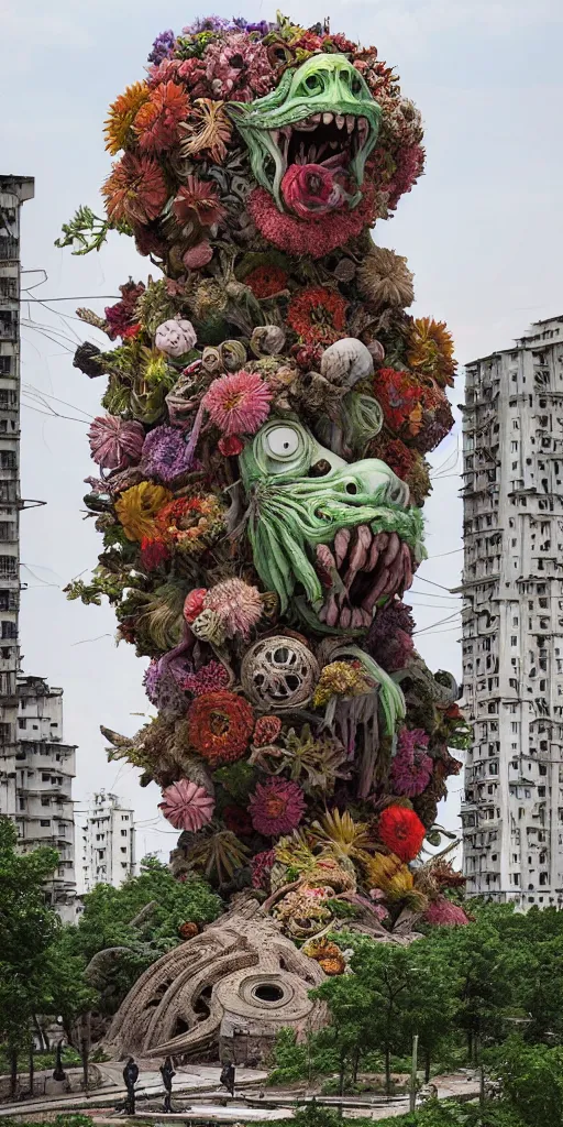 Image similar to colossal grotesque prehistoric flower made from best unfulfilled mankind projects in the middle of abandoned post soviet constructivist cityscape, Stalinist architecture, ultradetailed, Intricate by Hayao Miyazaki and Josan Gonzalez and Makoto Shinkai and Giuseppe Arcimboldo and Wes Anderson