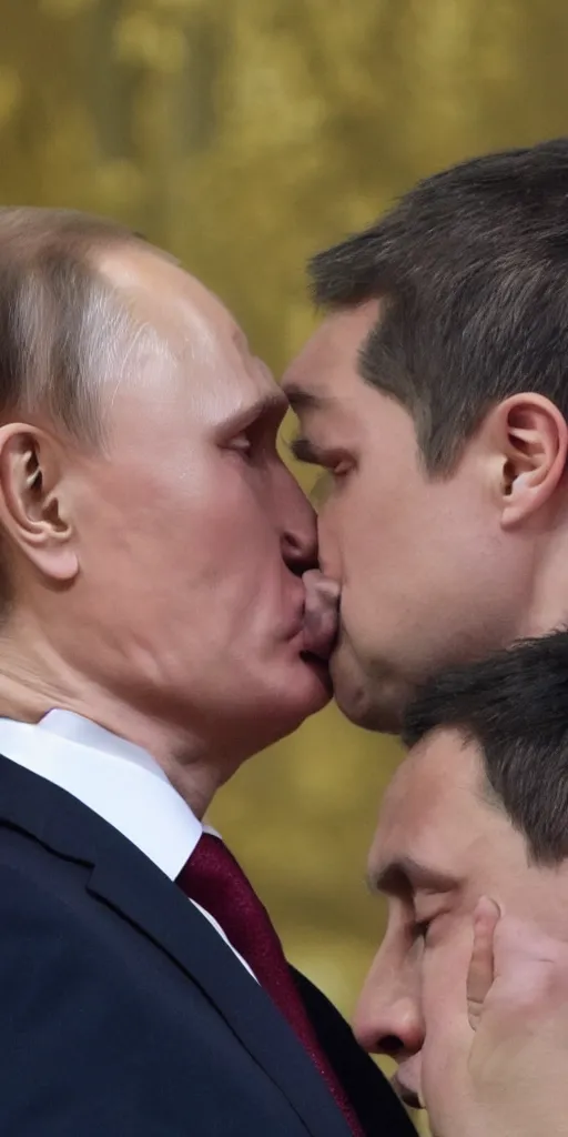 Prompt: Vladimir Putin open mouth kissing Volodymyr Zelenskyy