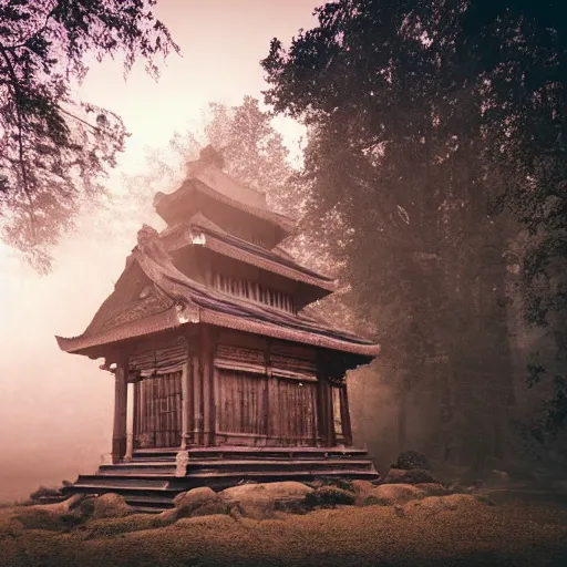 Prompt: photograph of ancient wooden temple overgrown by nature, volumetric lighting, eerie, beautiful lost place, insanely detailed