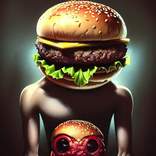 Image similar to a monster with a head like a hamburger, burger with human eyes, burger with human mouth, teeth, very detailed eyes, french fries as arms, character concept art, fantasy, intricate, fantasy drawing, illustration, highly detailed, hyperrealistic, cgsociety, artstation, oil painting by greg rutkowski, by artgerm