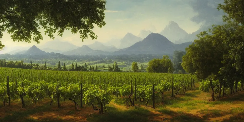 Image similar to A painting of winery. The vineyards are sprawling and green, with a river winding through them. In the distance, there are mountains. by bob ross, Albert Bierstadt, immaculate scale, hyper-realistic, trending on Artstation, 8k, detailed, atmospheric, immaculate