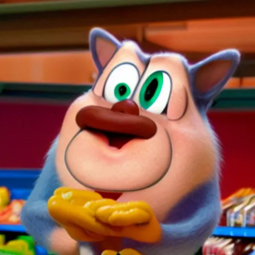 Prompt: stimpy at a grocery store, pixar, brightly lit,