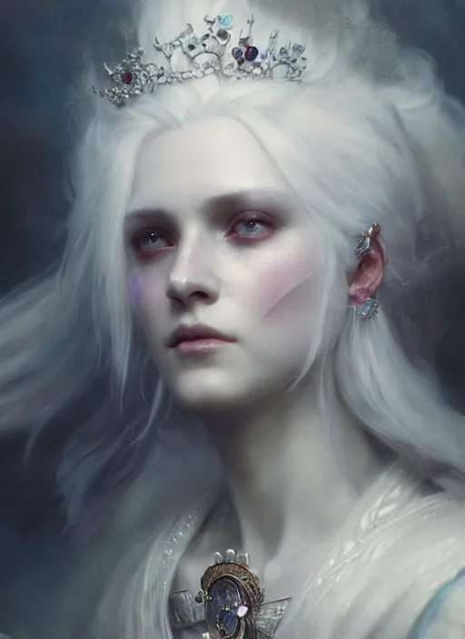 Image similar to a beautiful white haired princess, adorned with precious stone jewelry, intricate concept art, ominous, gorgeous dark fantasy, misty, dramatic lighting, octane render, 8 k, ruan jia and jeremy mann and tom bagshaw and alphonse mucha