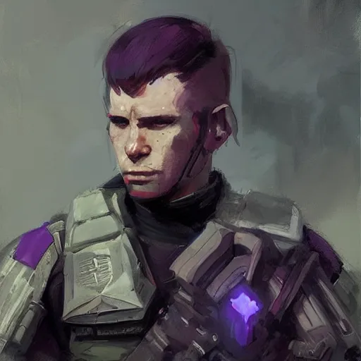Prompt: concept art of a portrait by greg rutkowski, a soldier of the eternal empire wearing purple and black tactical gear, star wars expanded universe, smooth, sharp focus, artstation hq.
