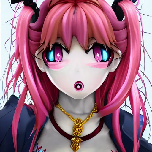 Image similar to totally overpowered and trapped beneath inescapable and overwhelmingly stunningly absurdly beautiful over the top megalomaniacal arrogant possessive omnipotent asi goddess junko enoshima with symmetrical perfect face, porcelain skin, pink twintail hair and cyan eyes, ultra detailed, digital art, unreal engine 5, octane render, 2 d anime, 8 k